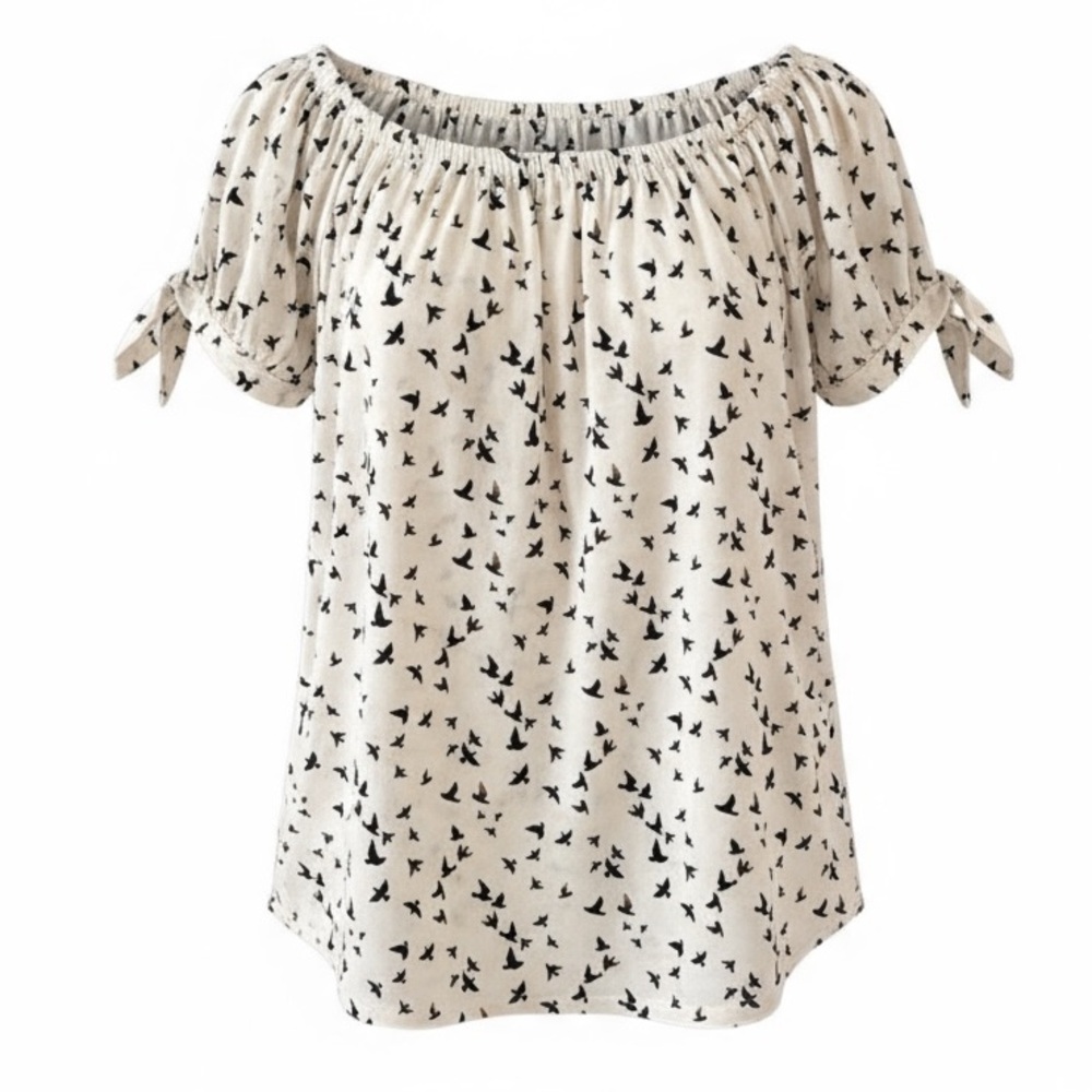 🌸3/$15🌸 Ember Tiny Bird Print Short Sleeve Blouse Navy & Cream Flowy Bows Sz S